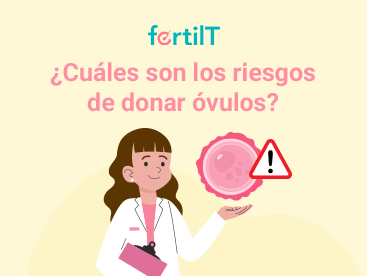Portada de artículo: ¿Cuáles son los riesgos de donar óvulos? con animación de especialista de la fertilidad sosteniendo óvulo