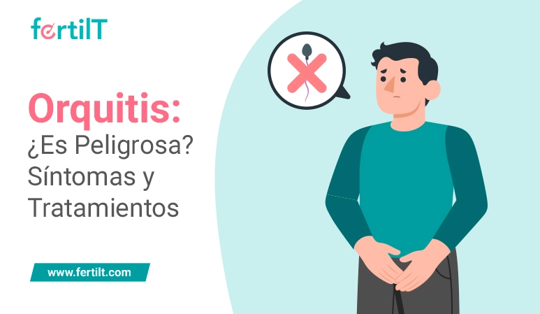 Hombre con orquitis con cara de preocupación y manos sobre la zona testicular